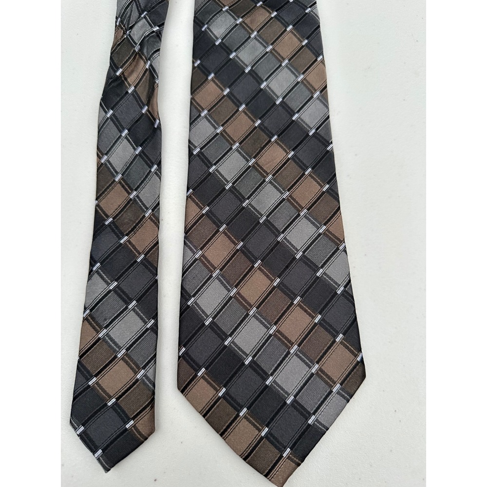 Calvin‎ Klein Mens Extra Long Silk Tie Grey Brown Plaid Geometric RN121148